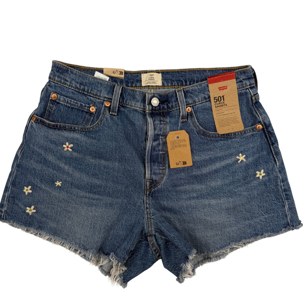 NEW Levi's 501 Curve Shorts Womens 31 Blue Daisy Floral Embroidered Denim Cutoff